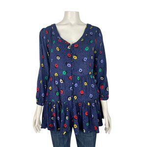 Maeve Anthropologie Ruffle Tiered Tunic Top Blouse Medium Blue Long Sleeve